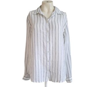 SIGRID OLSEN 100% Linen Button-Down Long Sleeve White Blue Stripe Shirt sz M